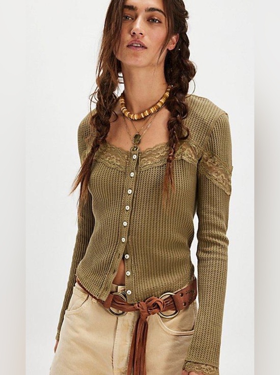 Free People Tops - H215 NWT Free People XL pp18-24 Olive Green Lace-Trim Button-Up Waffle Knit Top
